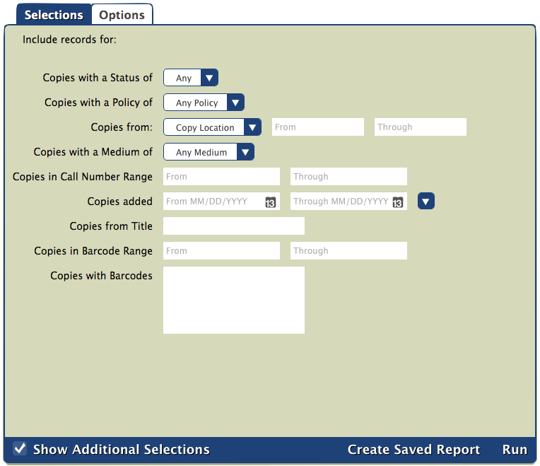 Copy Status report Selections tab