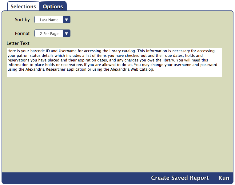 screenshot of the Account Introduction report's Options tab (sort by, format, and letter text)