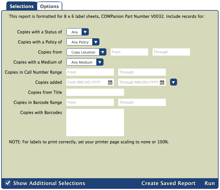 Copy Labels (8x6, Wide), Variable report Selections tab