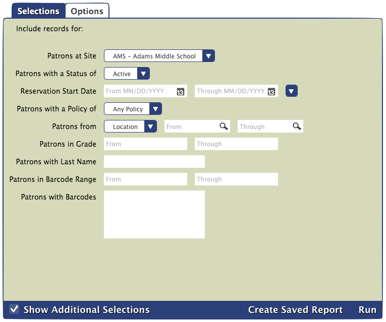 Reservations List report Selections tab