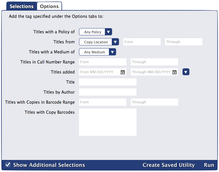 Add a MARC Tag utility Selections tab