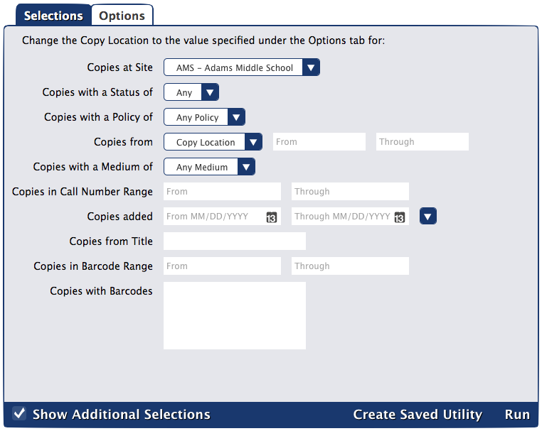 Change Copy Location utility Selections tab