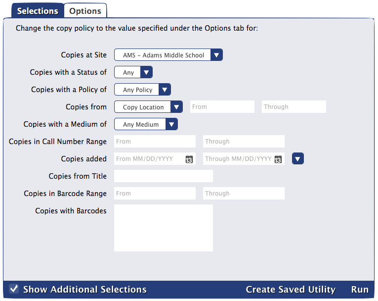 Change Copy Policy utility Selections tab