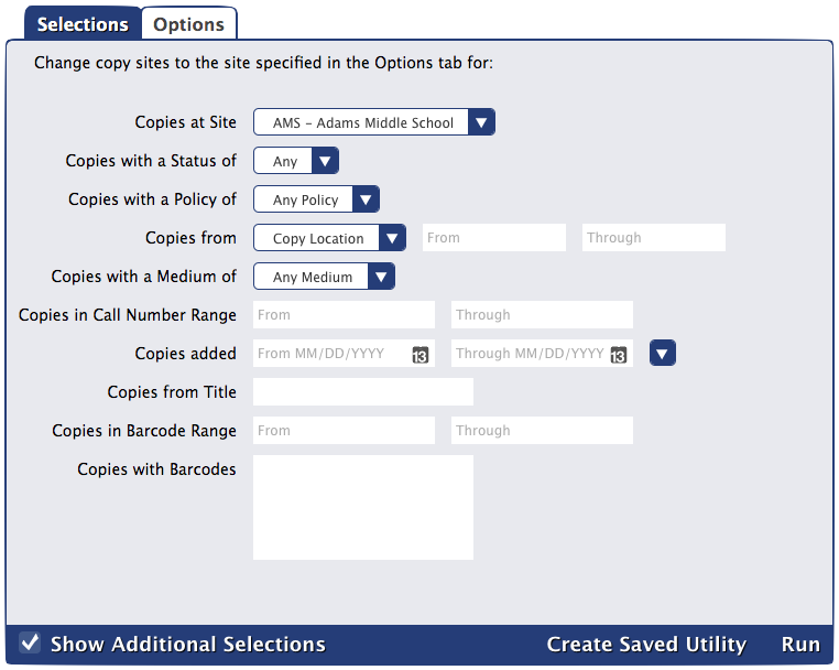 Change Copy Site utility Selections tab