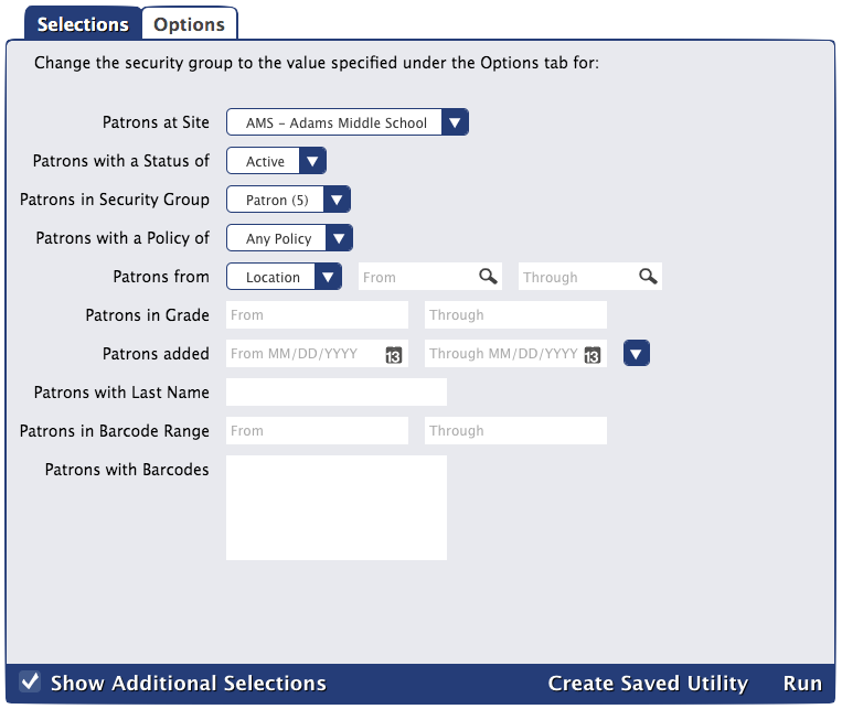 Change Patron Security Group utility Selections tab