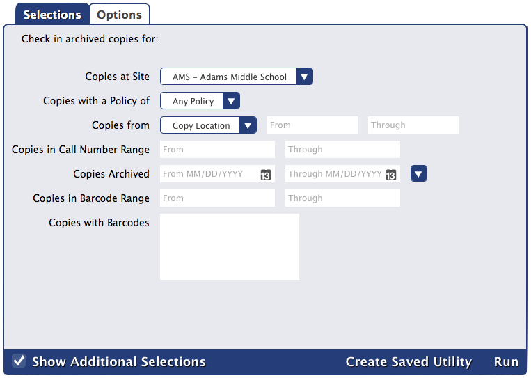 Check In Archived Copies utility Selections tab