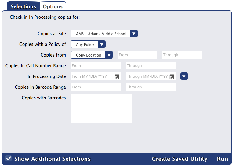Check In Processing Copies utility Selections tab