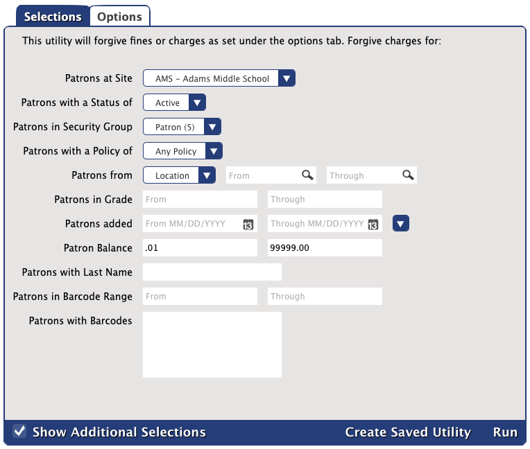 Forgive Charges utility Selections tab