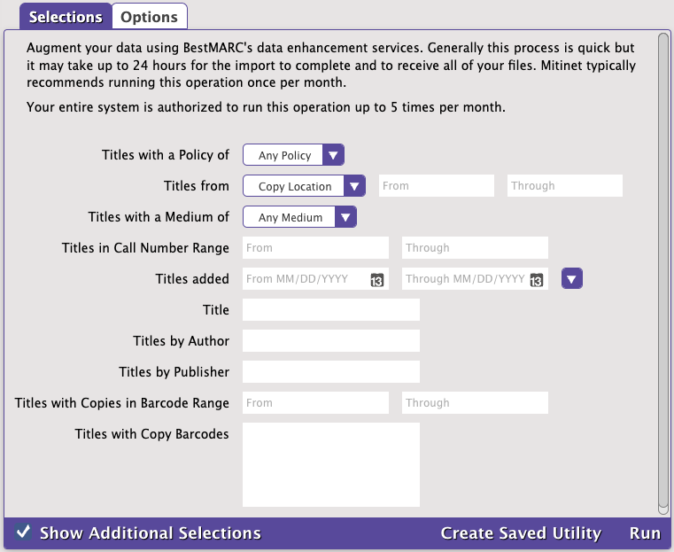 Mitinet EnhanceMARC utility's Selections tab