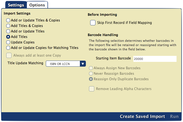 Items import Settings tab (selections for importing eBooks)