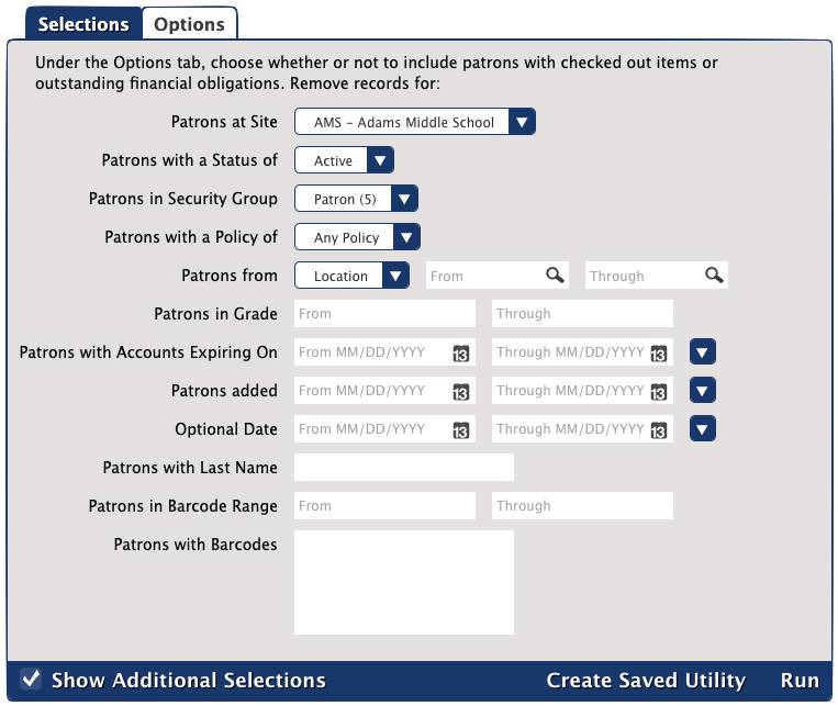 Remove Patrons utility Selections tab